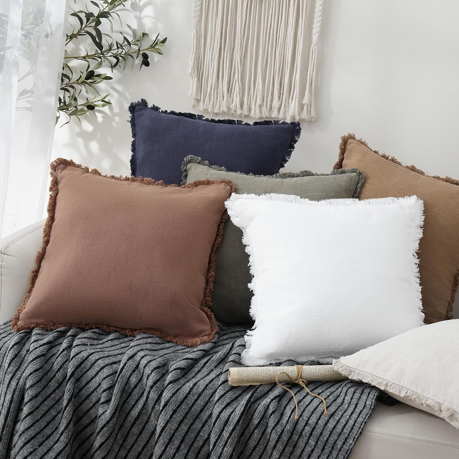 Foindtower Decorative Linen Fringe Throw Pillow Covers 16×16 Inch,Rust