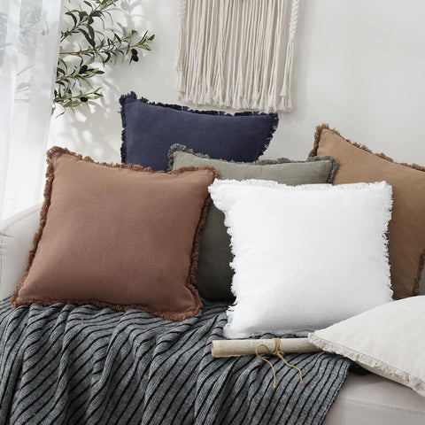 Foindtower Decorative Linen Fringe Throw Pillow Covers 16×16 Inch,Rust