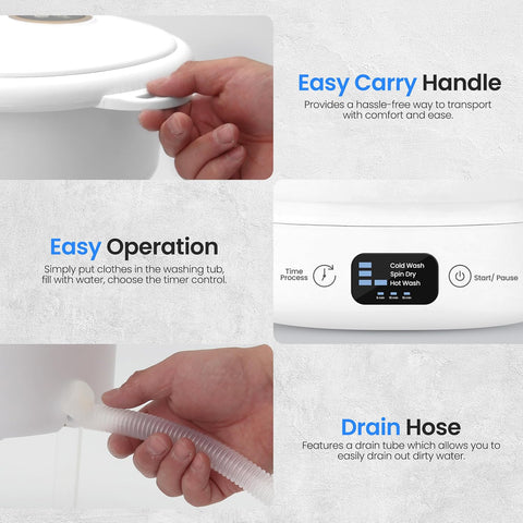 Pure Clean Portable Washing Machine, Foldable Mini Washing Machine for Camping, Travel, RV & Small Spaces, Lightweight Bucket Washer with Timer & Lid, Up To 6.6 lb Capacity (White)