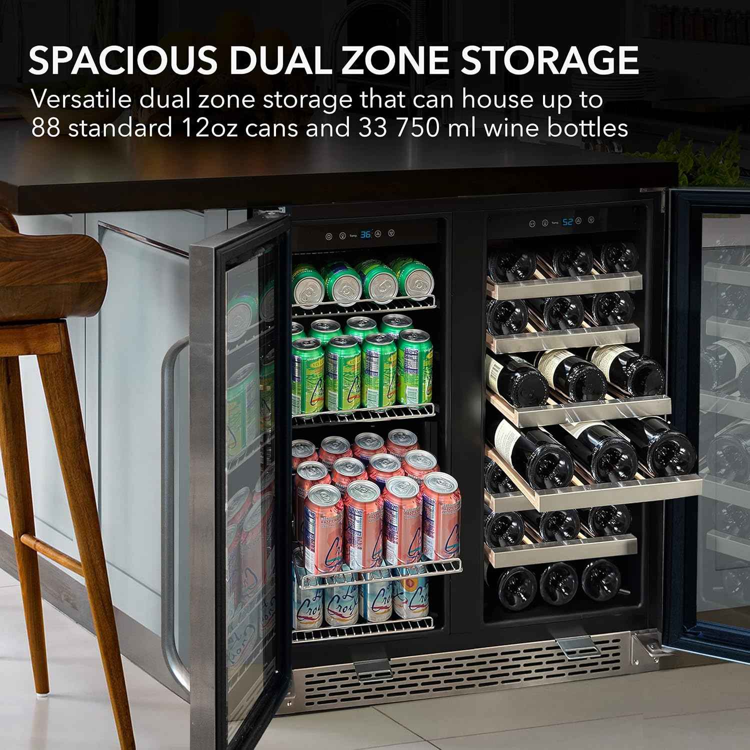Whynter BWB-3388FDSa Built-in French Door 33 Bottle Wine Refrigerator 88 Can Beverage Center, 30" Wide Dual Zone Add' Packaging, Silver