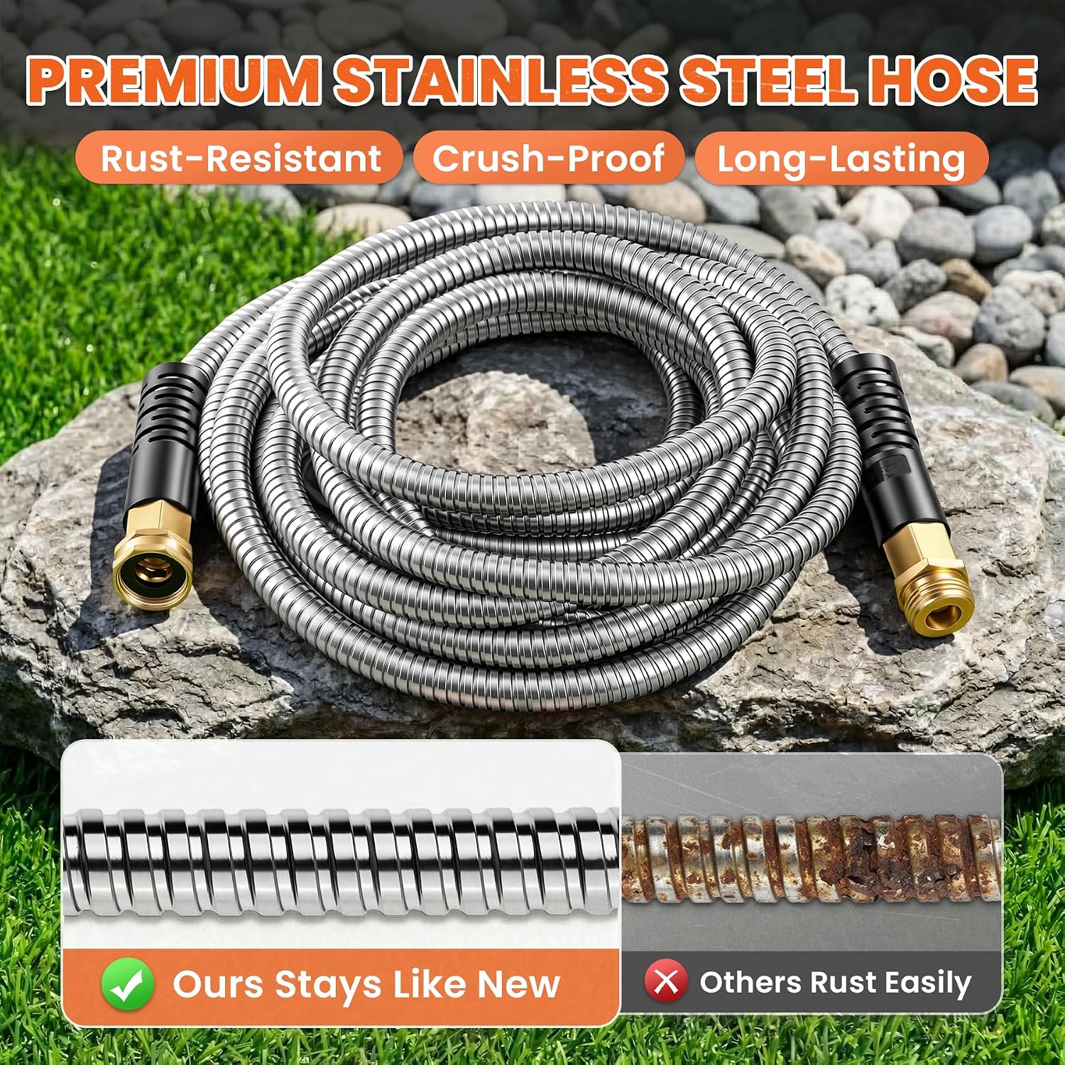 Cesun 75 ft Metal Garden Hose with 10 Function Nozzle, 75 foot x 5/8"