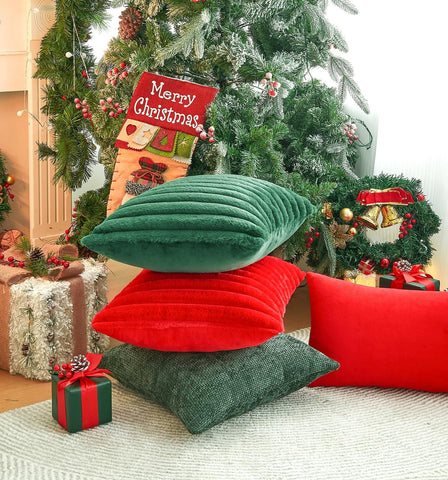 Pack of 2 Christmas Red Pillow Covers 16x16 Inch Decorative Throw Pillow Cover, Velvet Pillowcases for Couch Sofa Bed, Home Boho Decor, Modern Soft Cushion Covers