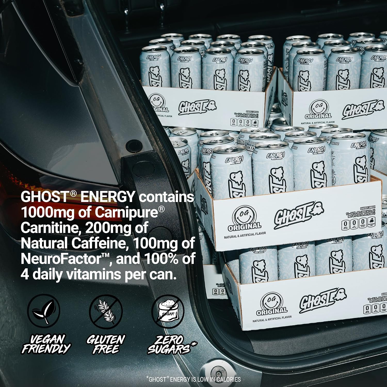 GHOST Energy Drink, Zero Sugars, 12-Pack, Original - 200MG Caffeine, 16oz