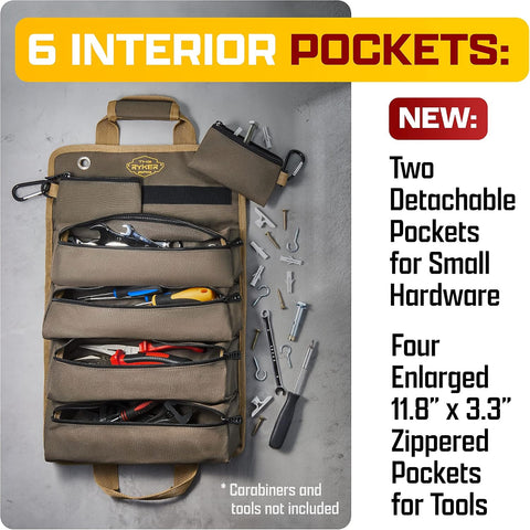 Ryker Heavy Duty Roll Up Tool Bag Organizer w/Detachable Pouches, Gift for Men