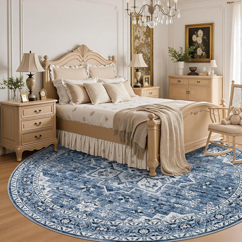 Round Area Rug for Living Room: 6ft Washable Rug for Bedroom Blue