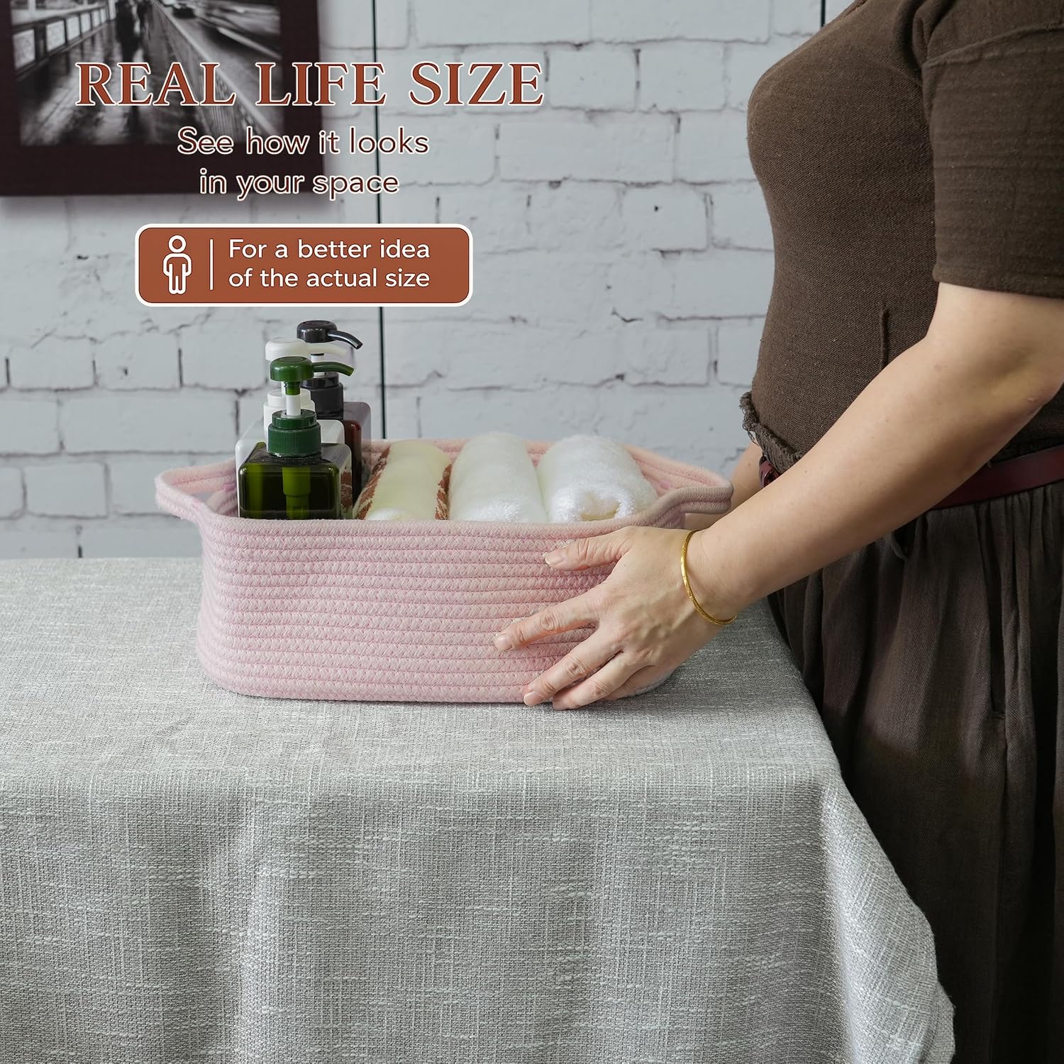 XUANGUO Medium Woven Cotton Rope Storage Basket with Handles, Light Pink