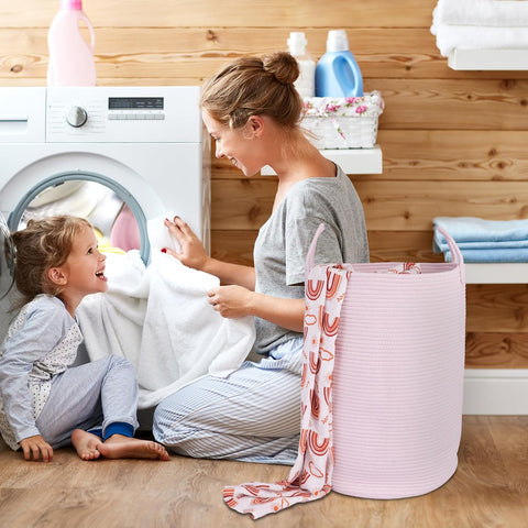 XUANGUO Cotton Rope Laundry Basket Hamper for Clothes Large Light Pink