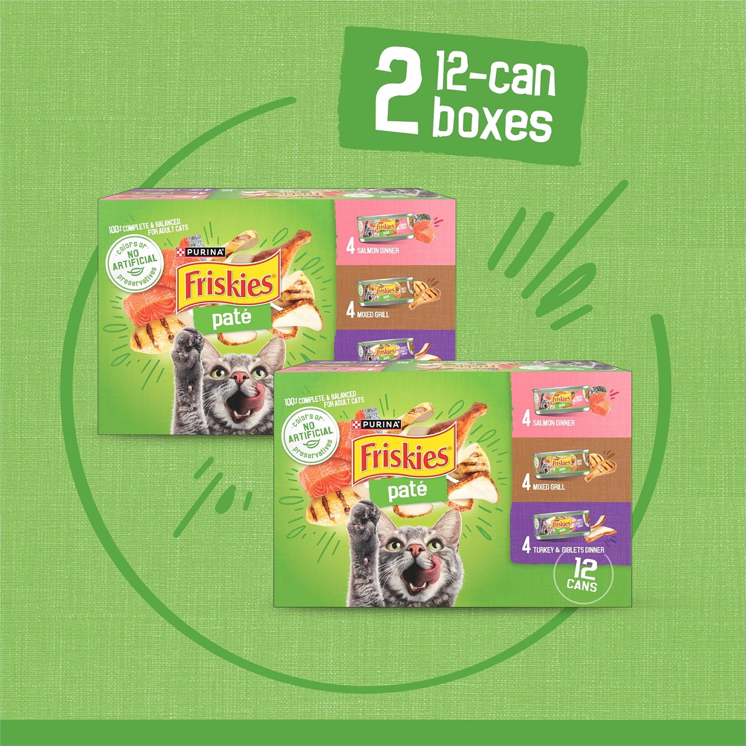 Purina Friskies Wet Cat Food Pate Variety Pack Salmon Dinner, Turkey and Giblets Dinner and Mixed Grill - (2 Packs of 12) 5.5 oz. Cans