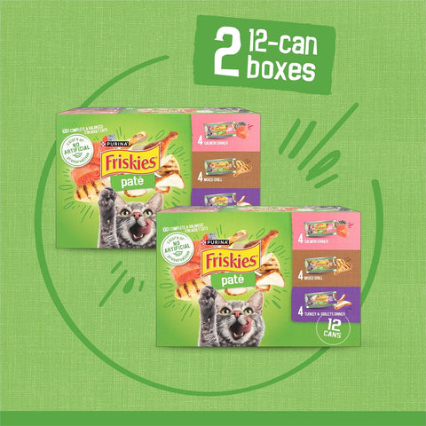 Purina Friskies Wet Cat Food Pate Variety Pack Salmon Dinner, Turkey and Giblets Dinner and Mixed Grill - (2 Packs of 12) 5.5 oz. Cans
