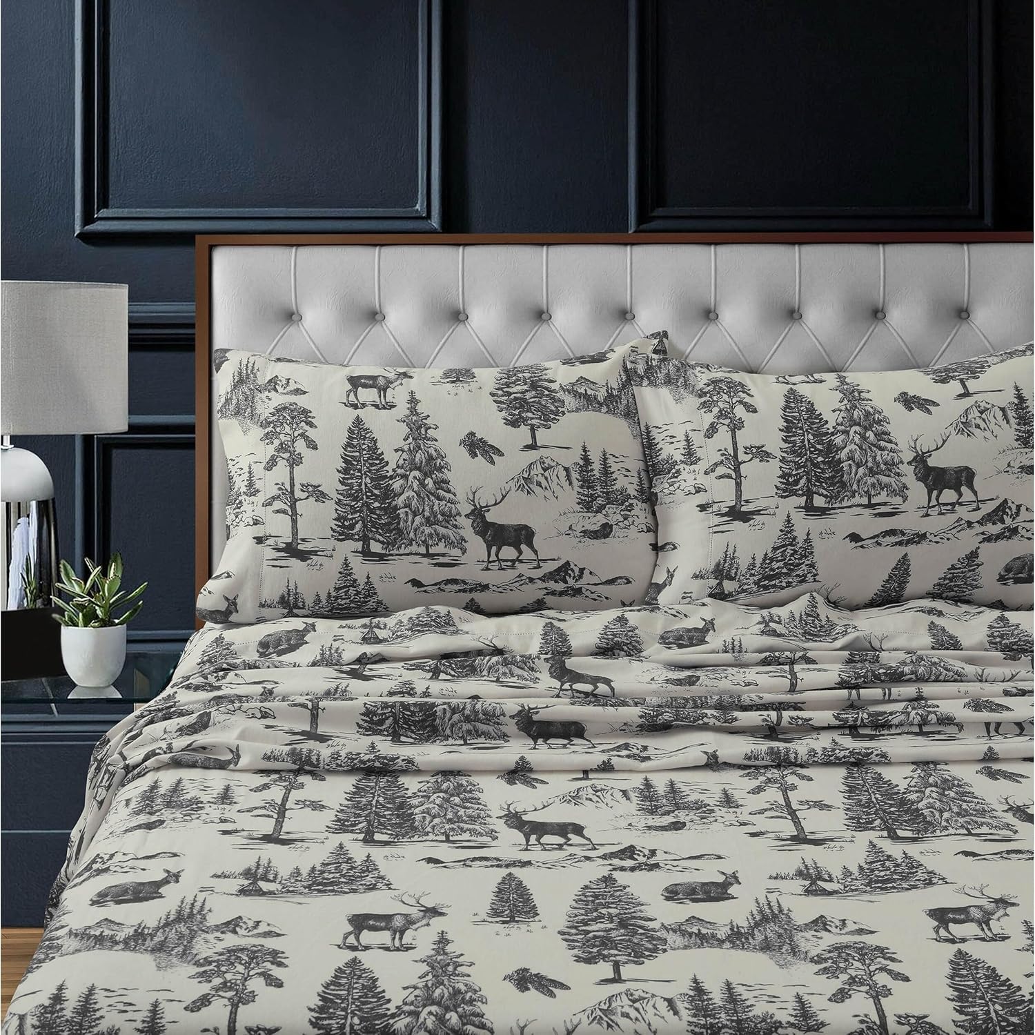 Tribeca Living Flannel Sheets King Size - 100% Cotton Flannel Sheet Set, 200 GSM Deep Pocket King Flannel Sheets, 4 Piece Ultra Soft Brushed Cotton Flannel Sheet in Deer Toile Charcoal Print