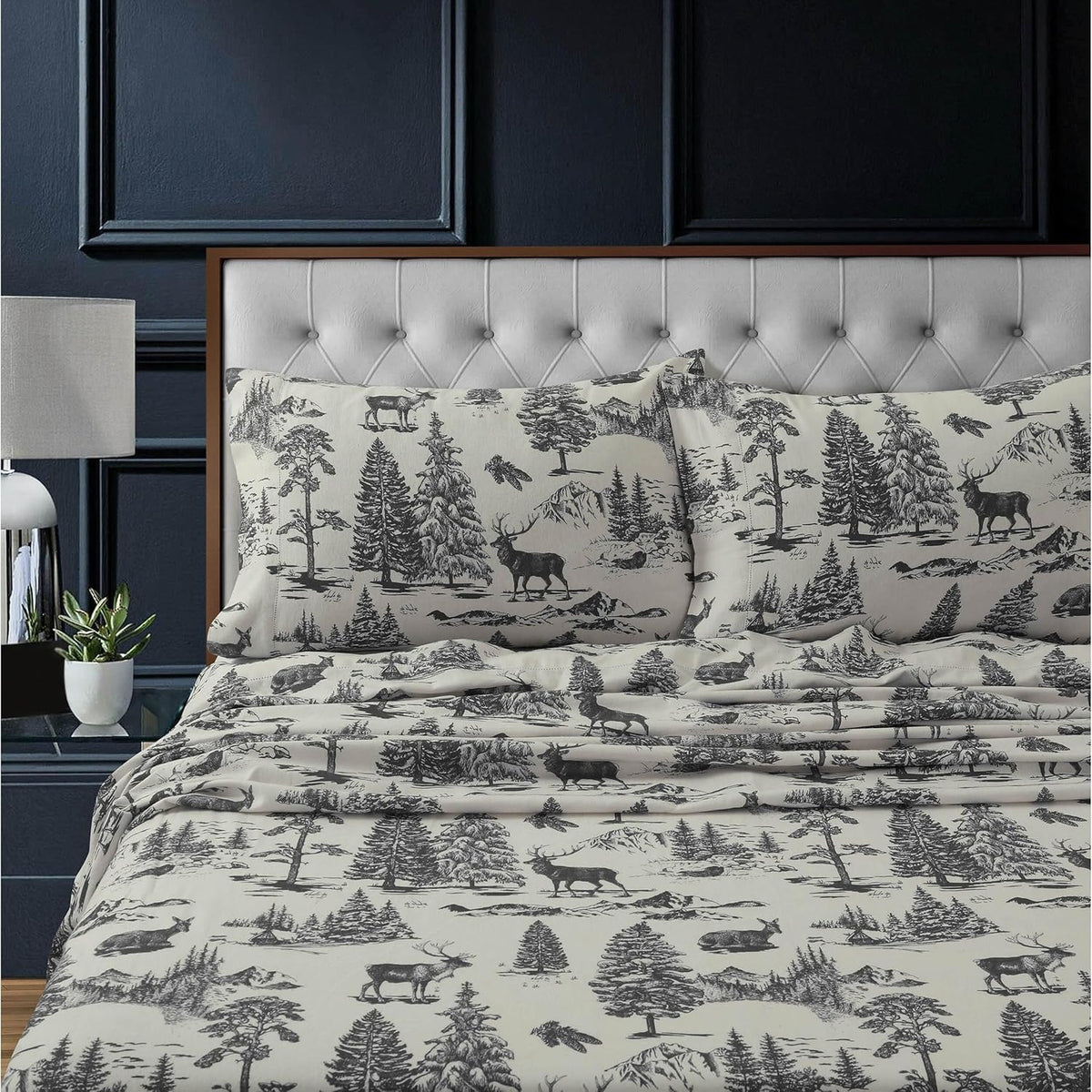 Tribeca Living Flannel Sheets King Size - 100% Cotton Flannel Sheet Set, 200 GSM Deep Pocket King Flannel Sheets, 4 Piece Ultra Soft Brushed Cotton Flannel Sheet in Deer Toile Charcoal Print