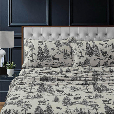 Tribeca Living Flannel Sheets King Size - 100% Cotton Flannel Sheet Set, 200 GSM Deep Pocket King Flannel Sheets, 4 Piece Ultra Soft Brushed Cotton Flannel Sheet in Deer Toile Charcoal Print