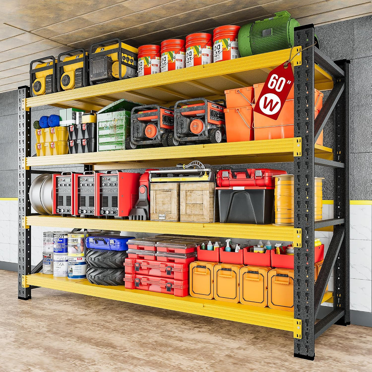 5000LBS Heavy Duty Garage Shelving Units,60" Wide & Deep Storage Shelves,Yellow Metal Garage Shelves,Large Storage Rack,Steel Shelf,Industrial Shelving for Shop,Warehouse,60" W x 24" D x 70" H