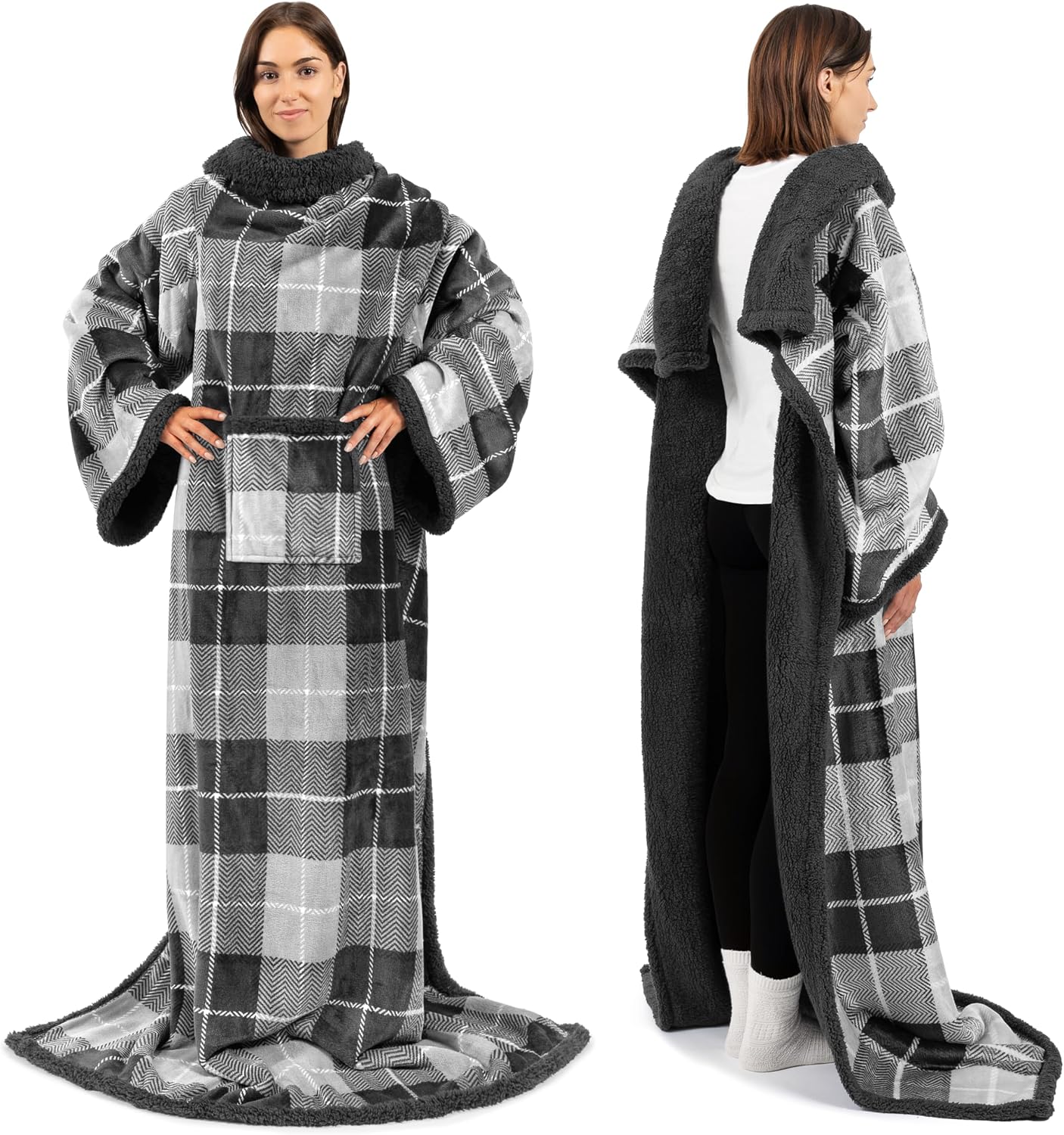 PAVILIA Wearable Blanket with Sleeves and Pocket for Women Men, Sherpa Trim