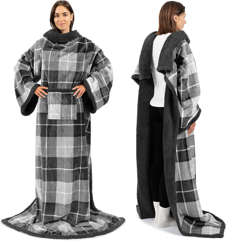 PAVILIA Wearable Blanket with Sleeves and Pocket for Women Men, Sherpa Trim