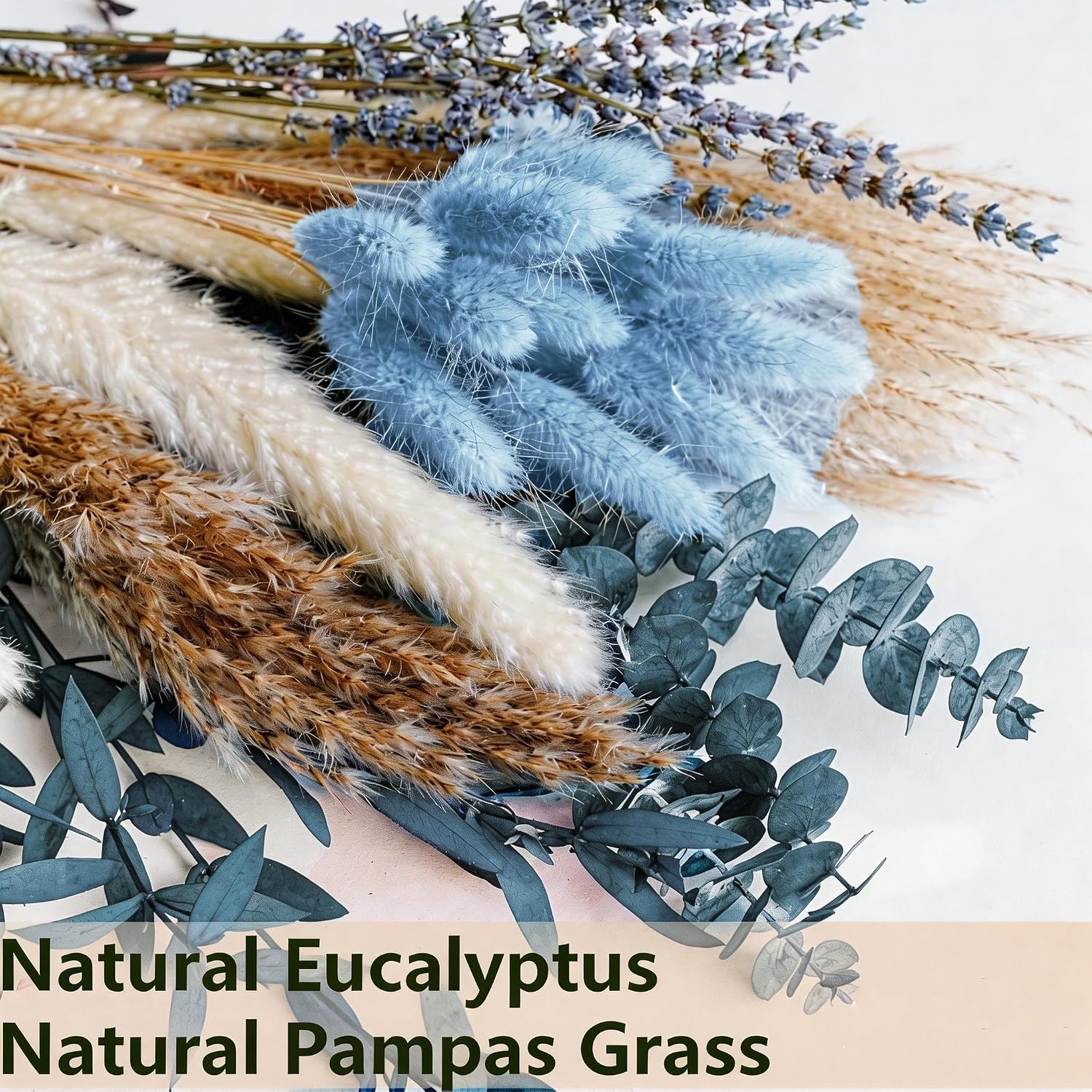 Dusty Blue Dried Flower Bouquet with Pampas Grass, Bunny Tails, Lavender and Eucalyptus, Beige Boho Floral Arrangement for Vase, Wedding Centerpiece, Bedroom and Coastal Home Decor