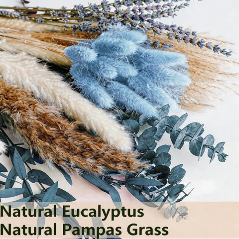 Dusty Blue Dried Flower Bouquet with Pampas Grass, Bunny Tails, Lavender and Eucalyptus, Beige Boho Floral Arrangement for Vase, Wedding Centerpiece, Bedroom and Coastal Home Decor