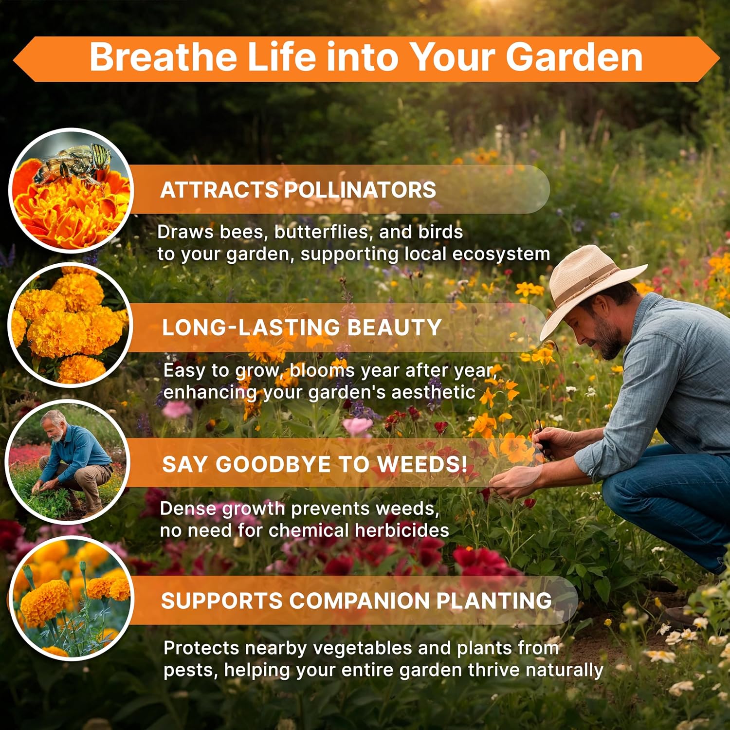 Marigold Seeds Pack 1 oz - Over 9,250 Non-GMO Heirloom Marigold Seeds for Planting Indoor & Outdoor Gardening, Flower Seed for Planting Home and Garden, Flowers Seed in Individual Packet
