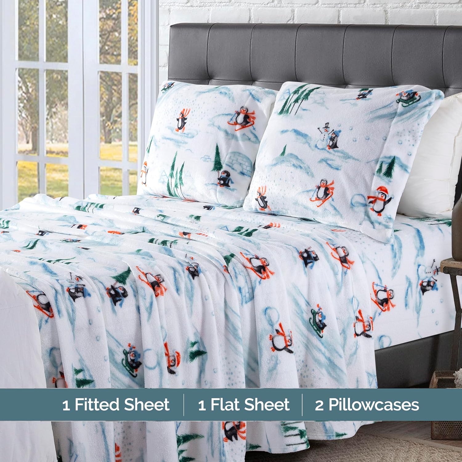 Elegant Comfort Luxuriously Soft 4-Piece Holiday Velvet Plush Flannel Sheet Set - Premium Quality - Cozy Warm, Christmas Fuzzy Velvet Flannel Fleece Deep Pocket Sheet Set - Twin XL, Skiing Penguins