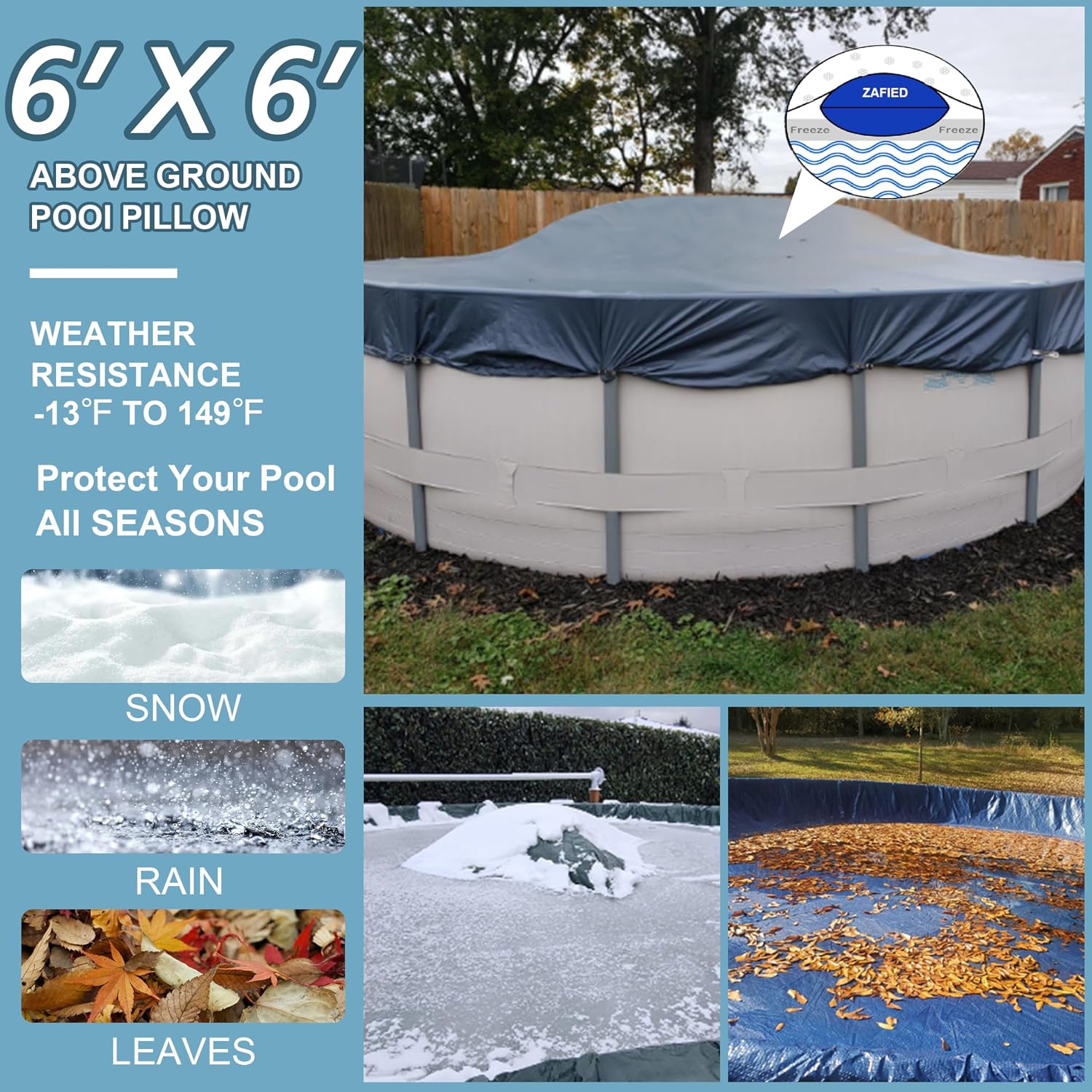6' x 6' Air Pool Pillow for Above Ground Swimming Pool Covers, Pool Pillows for Closing Winter, Heavy-Duty Cold Resistant Vinyl Material Air Poolpillow, Rope Included
