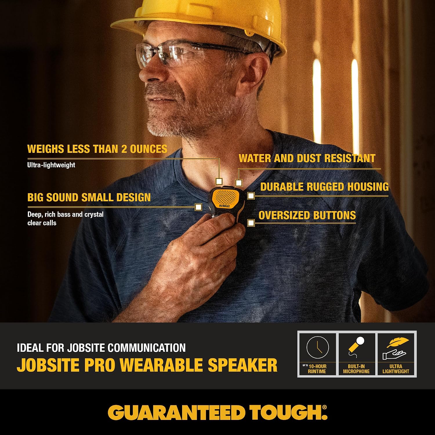 DEWALT Wearable Bluetooth Speaker, Clip-On Wireless Jobsite Pro, (Yellow)