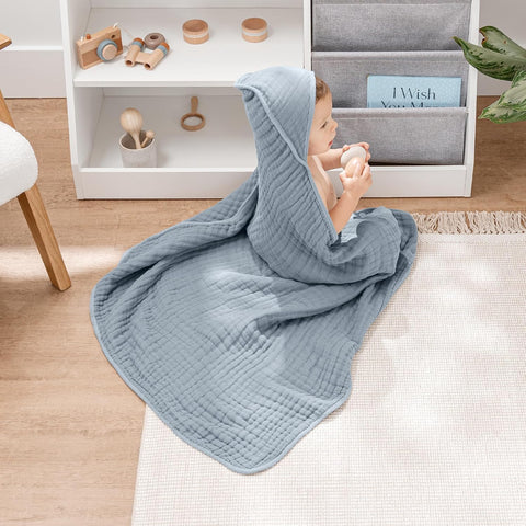 Comfy Cubs Hooded Baby Towel 2-Pack, Large 32 x 32 Inch - 6 Layer 100% Muslin Cotton for Babies, Toddlers, Kids - Soft & Absorbent Baby Bath Towels - Unisex Design for Bath Time, Pacific Blue and Fern