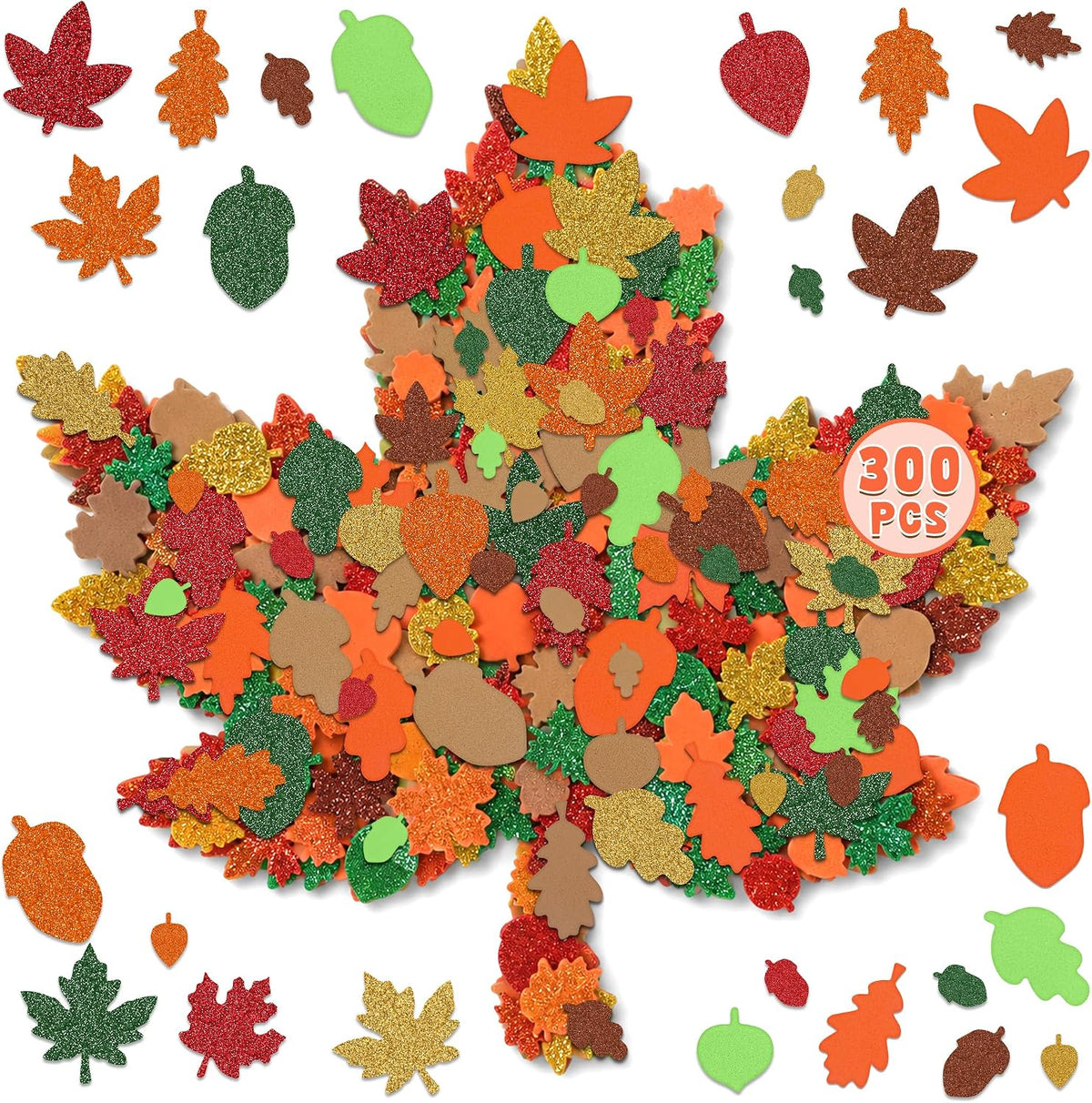 300 Pcs Fall Foam Stickers, Glitter Maple Leaf Crafts Stickers, Fall Decor