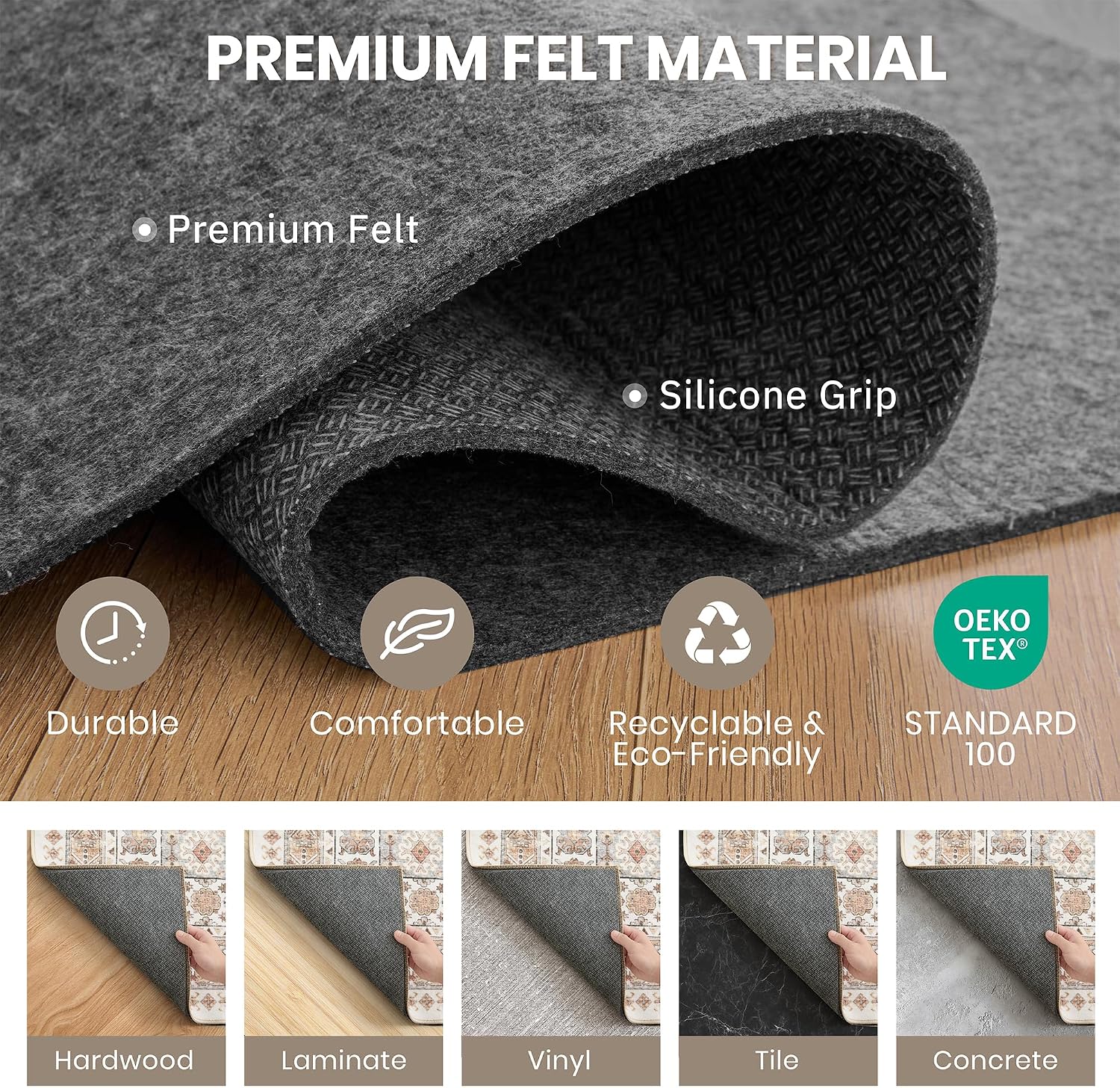 zesthome Protective Cushioned Rug Pad 8x10-1/4 Thick, Non Slip Rug Pads with Felt and Rubber Backing, Carpet Liner for Hardwood Floors and Finishes, Carpet Gripper Keep Rugs Safe(8'x10', Black)