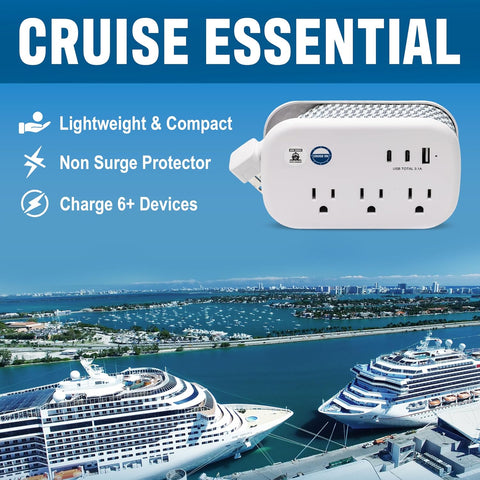 Cruise Approved Power Strip Non Surge Protector - 3.3 ft Wrapped Travel Extension Cord, 2 USB-C, 1 USB, 3 AC Outlet, Cruise Ship Essentials for Carnival, Princess & Major Lines in 2026 & 2027