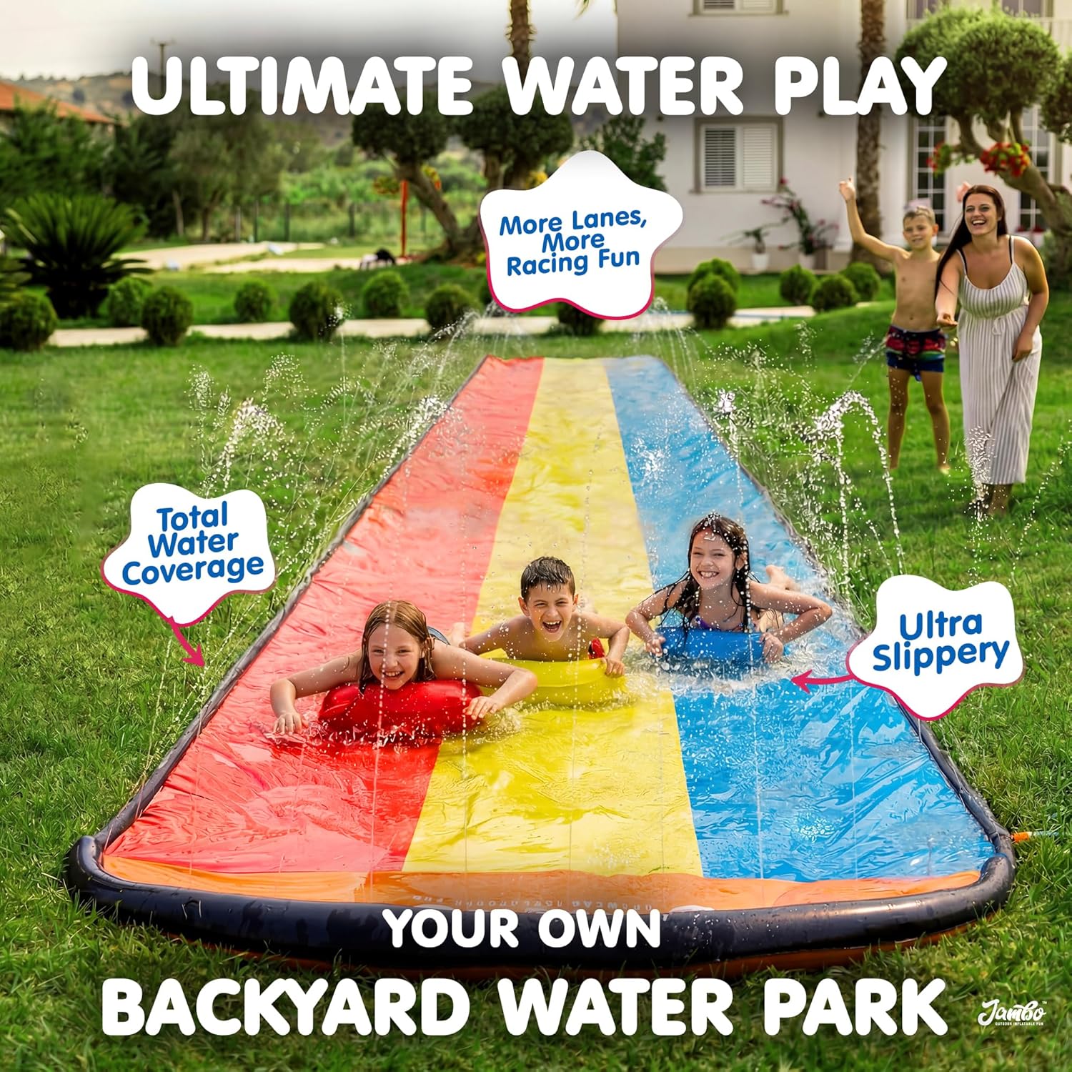 JAMBO Premium Triple Water Slide with 3 Bodyboards, 20Ft Heavy Duty Slip Splash and Slides-Advanced 3-Way Sprinkler System, Splash Pad Mat Backyard Summer Outdoor Water Toys n Long Slides for Kids
