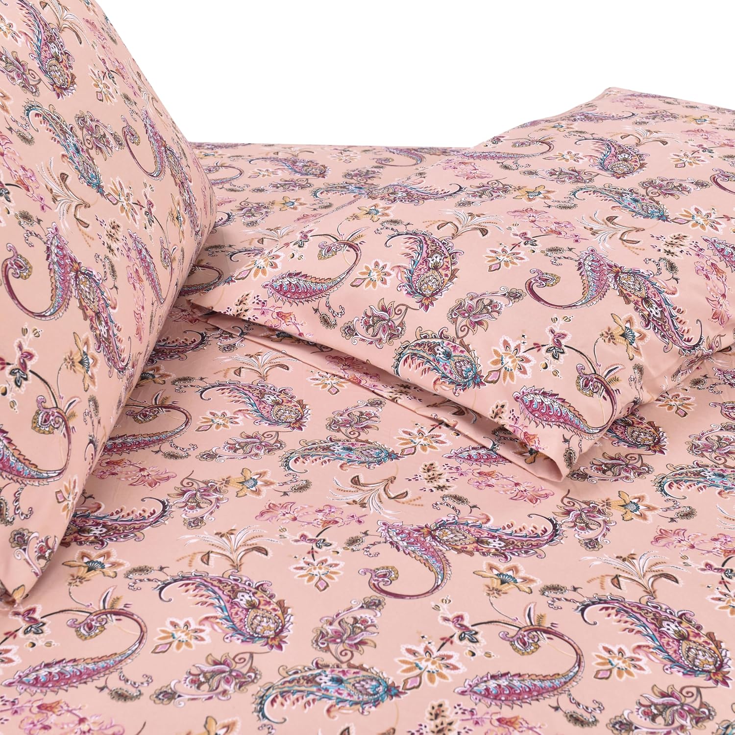 Elegant Comfort Luxury Soft Bed Sheets Paisley Pattern - 1500 Premium Hotel Quality Microfiber Softness Wrinkle and Fade Resistant (6-Piece) Bedding Set, Queen, Paisley Coral