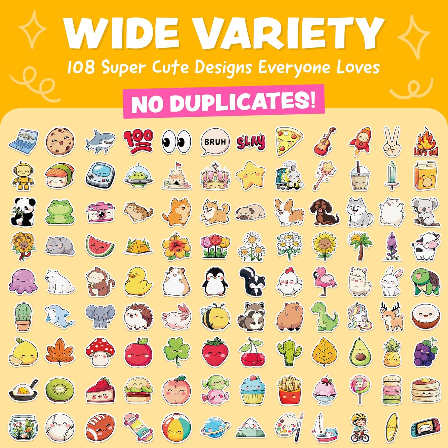 Cute Stickers for Kids Classroom Decor - 108pc Kawaii Water Bottle Stickers for Teens - Waterproof Vinyl Teacher Reward Stickers for Water Bottles - Back to School Supplies - Classroom Must Haves