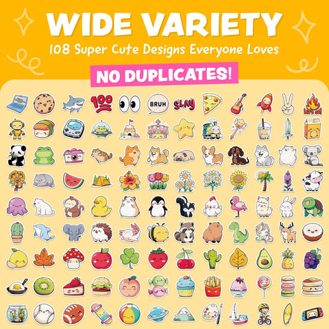 Cute Stickers for Kids Classroom Decor - 108pc Kawaii Water Bottle Stickers for Teens - Waterproof Vinyl Teacher Reward Stickers for Water Bottles - Back to School Supplies - Classroom Must Haves