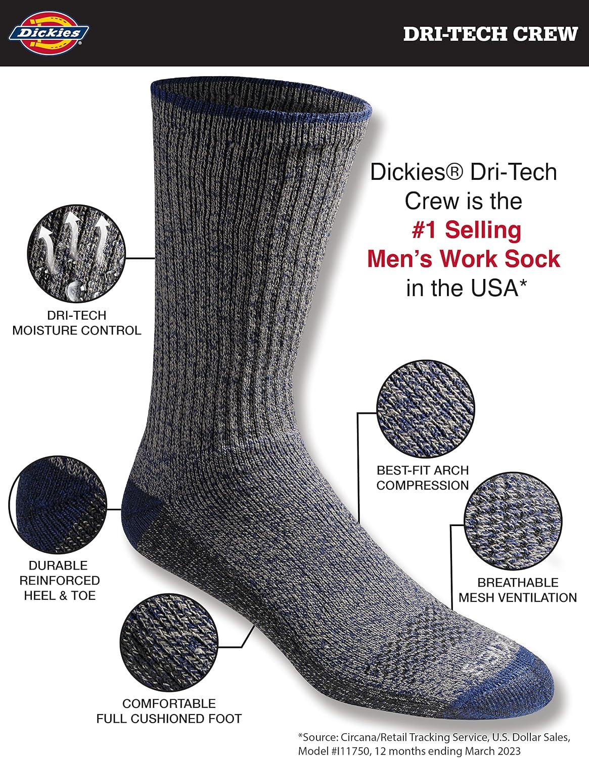 Dickies Men's Dri-tech Original Moisture Control Crew Socks, Available in M-xxl (6, 12, 18 Pairs)