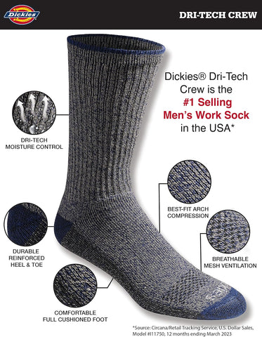 Dickies Men's Dri-tech Original Moisture Control Crew Socks, Available in M-xxl (6, 12, 18 Pairs)