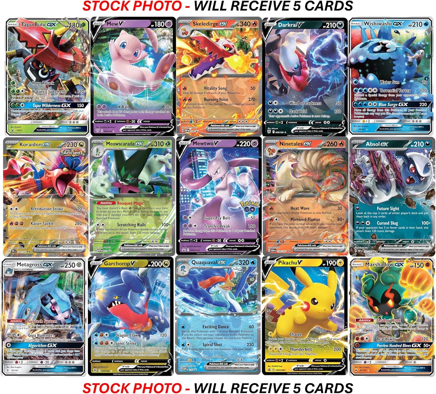 5 Pokemon Ultra Rare Card Lot - V, Gx, ex, Assorted Variety - No Duplicates