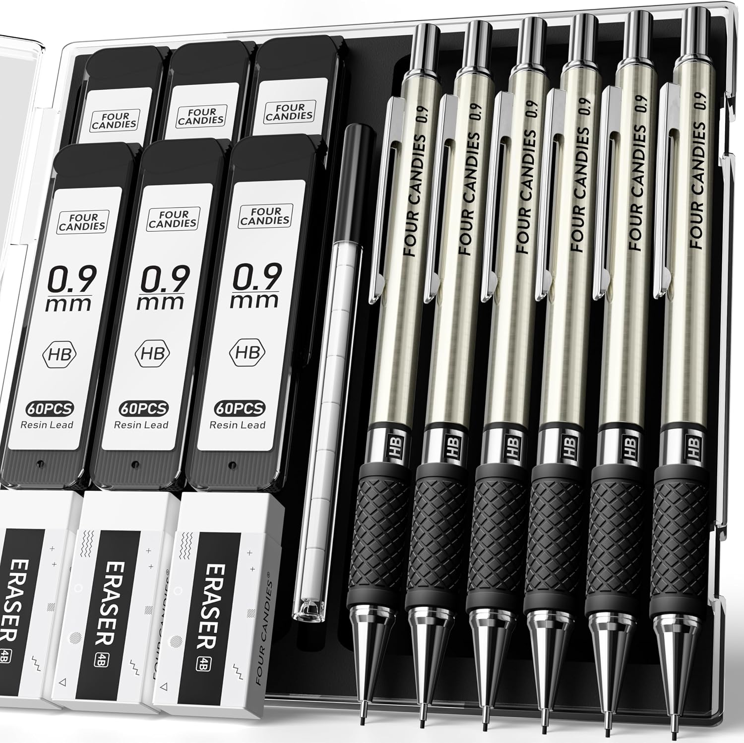Metal Mechanical Pencil Set with Case, 6-Pack 0.9mm Break-Resistant