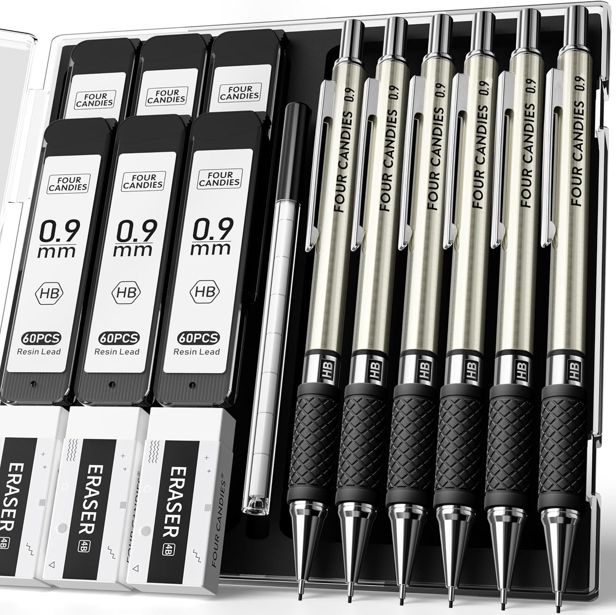 Metal Mechanical Pencil Set with Case, 6-Pack 0.9mm Break-Resistant