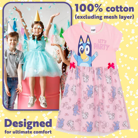 Bluey Girls Dresses for Kids Cute Toddler Dress with Tulle Mesh Short Sleeved for Party Summer or as a Birthday Outfit