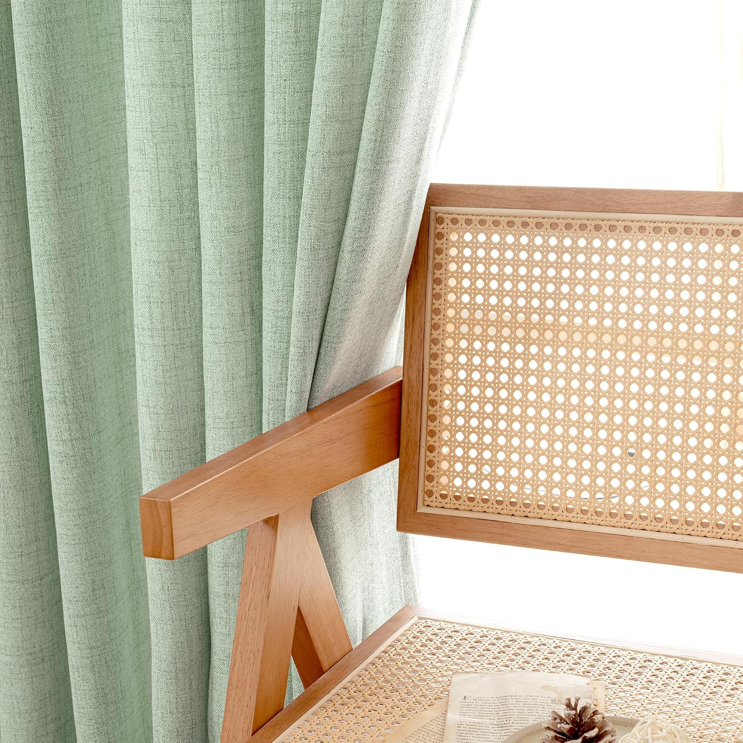 YoungsTex Sage Green Kitchen Window Curtains, Short Linen Drapes with Bronze Grommet Light Filtering Semi Sheer for Bathroom Windows, 42 x 40 Inch, 2 Panels