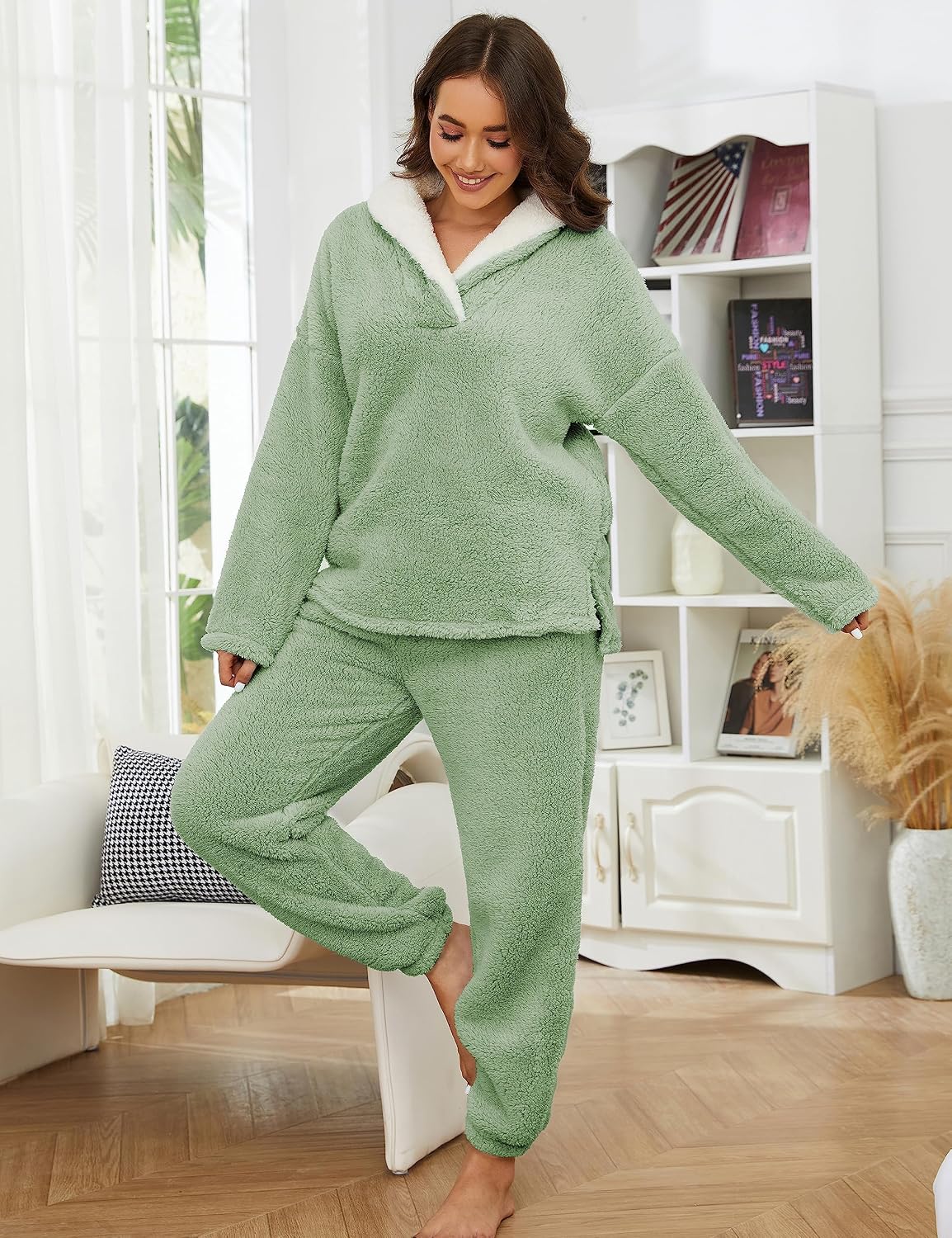 Tanming Womens Fluffy Pajamas Set Fleece Pullover Pants Plush Loungewear Sleepwear
