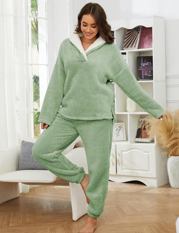 Tanming Womens Fluffy Pajamas Set Fleece Pullover Pants Plush Loungewear Sleepwear