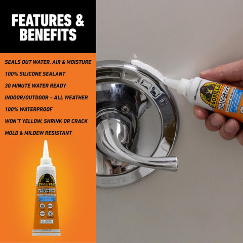 Gorilla 100% Silicone Caulk, Waterproof Sealant, 2.8oz Squeeze Tube, 2-Pack