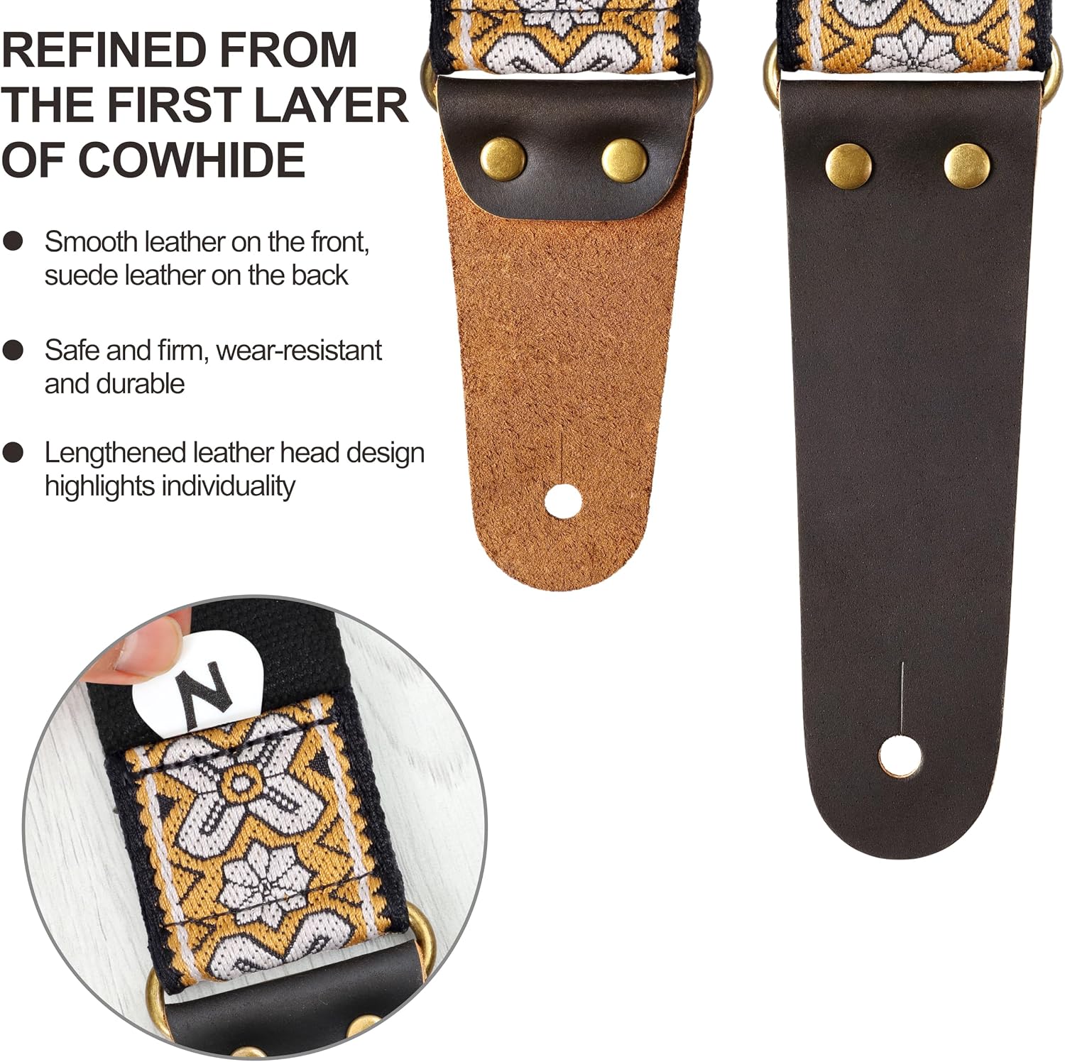 Nefelibata Guitar Strap, Embroidered Cotton Guitar Straps with Head Cowhide Leather Ends for Bass, Electric & Acoustic Guitars, Free Strap Button, 1 Pair Strap Locks and 4 Guitar Picks