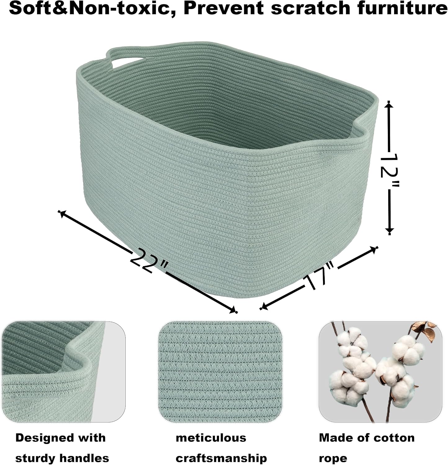 XUANGUO Large Rectangle Woven Cotton Rope Blanket Basket 22"x17"x12" Green