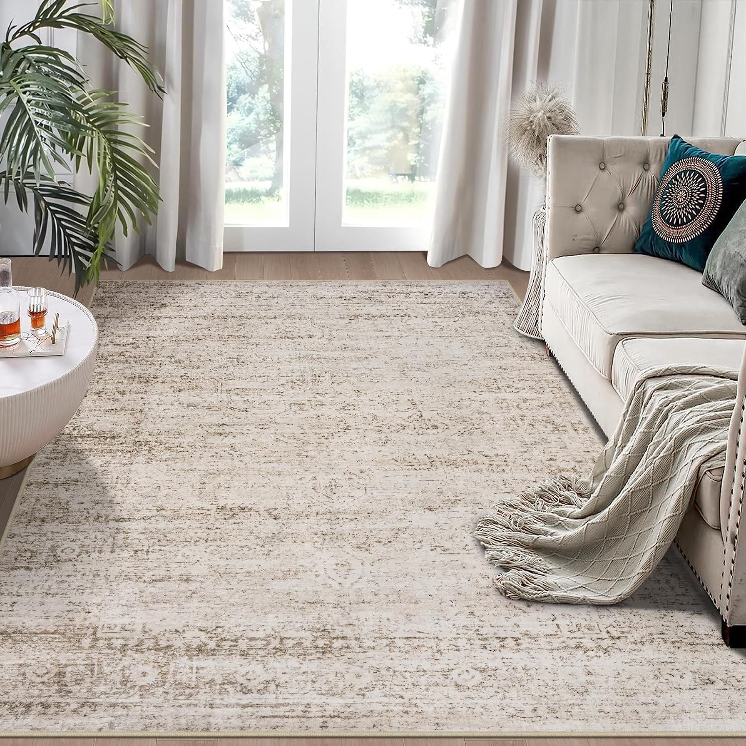 5x7 Area Rugs for Living Room Bedroom Dining Room Washable Beige Ivory