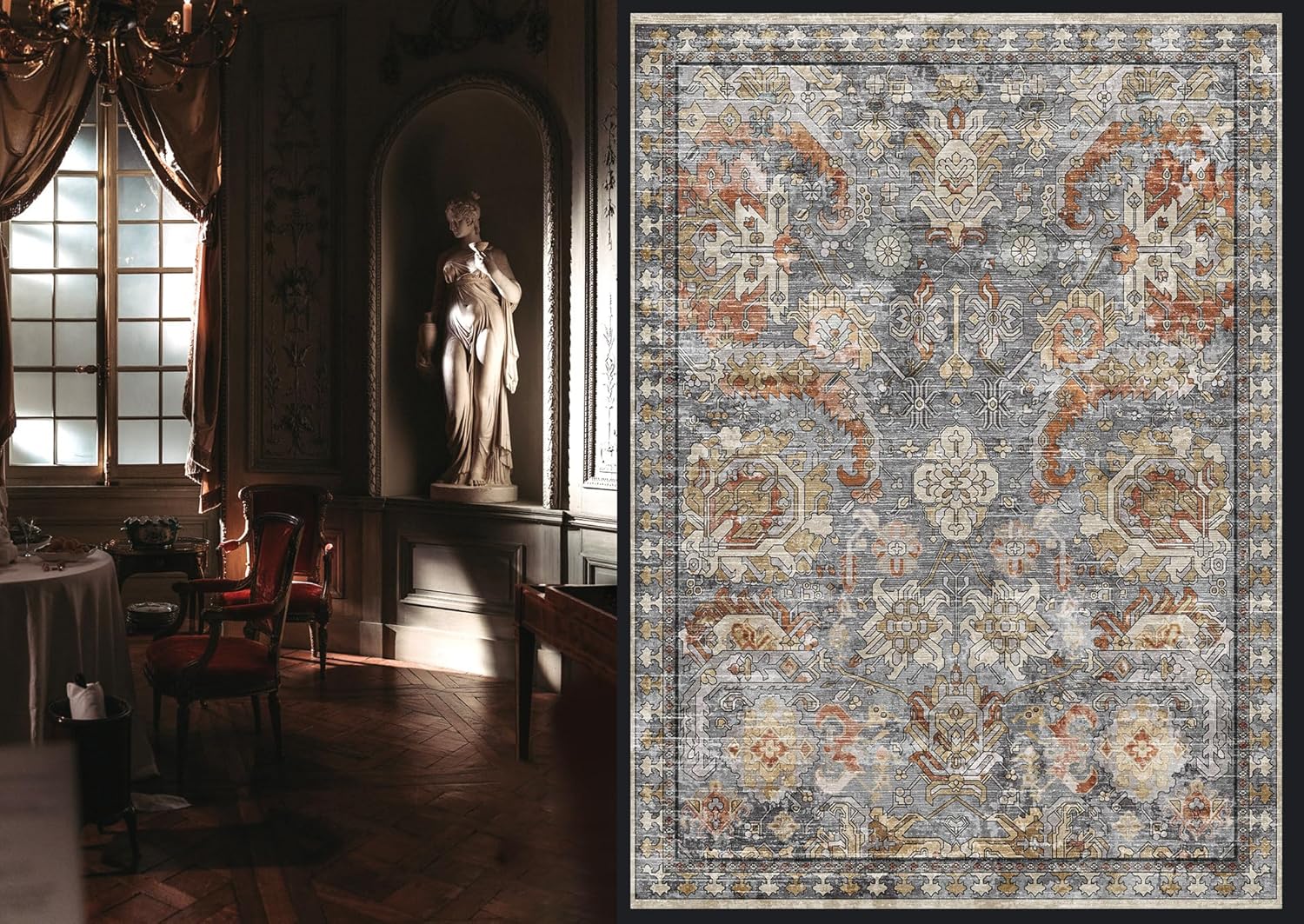 RUGSURE Washable Area Rugs - Perfect for Living Room, Bedroom, Kids Room, Nursery - Stain & Water Resistant Non-Slip, Pet & Child Friendly, Vintage Tribal Area Rugs (Turmeric and Grey, 5' x 7')