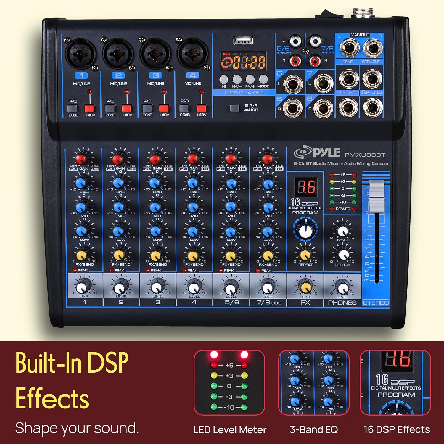 Pyle 8 Channel DJ Audio Mixer, Bluetooth, DSP FX, USB, Audio Interface