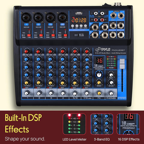 Pyle 8 Channel DJ Audio Mixer, Bluetooth, DSP FX, USB, Audio Interface