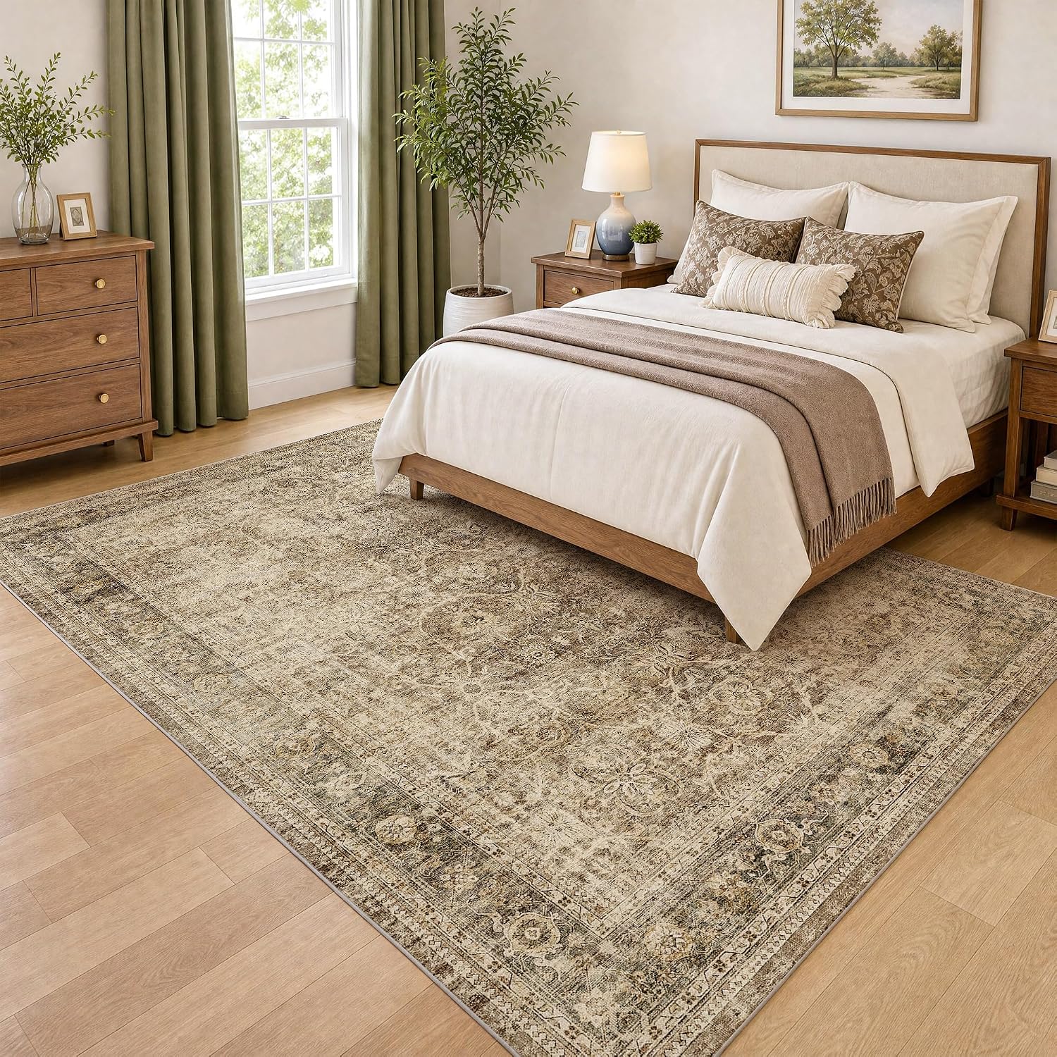 FMFUNCTEX 5x7 Washable Brown Neutral Vintage Retro Area Rug for Living Room